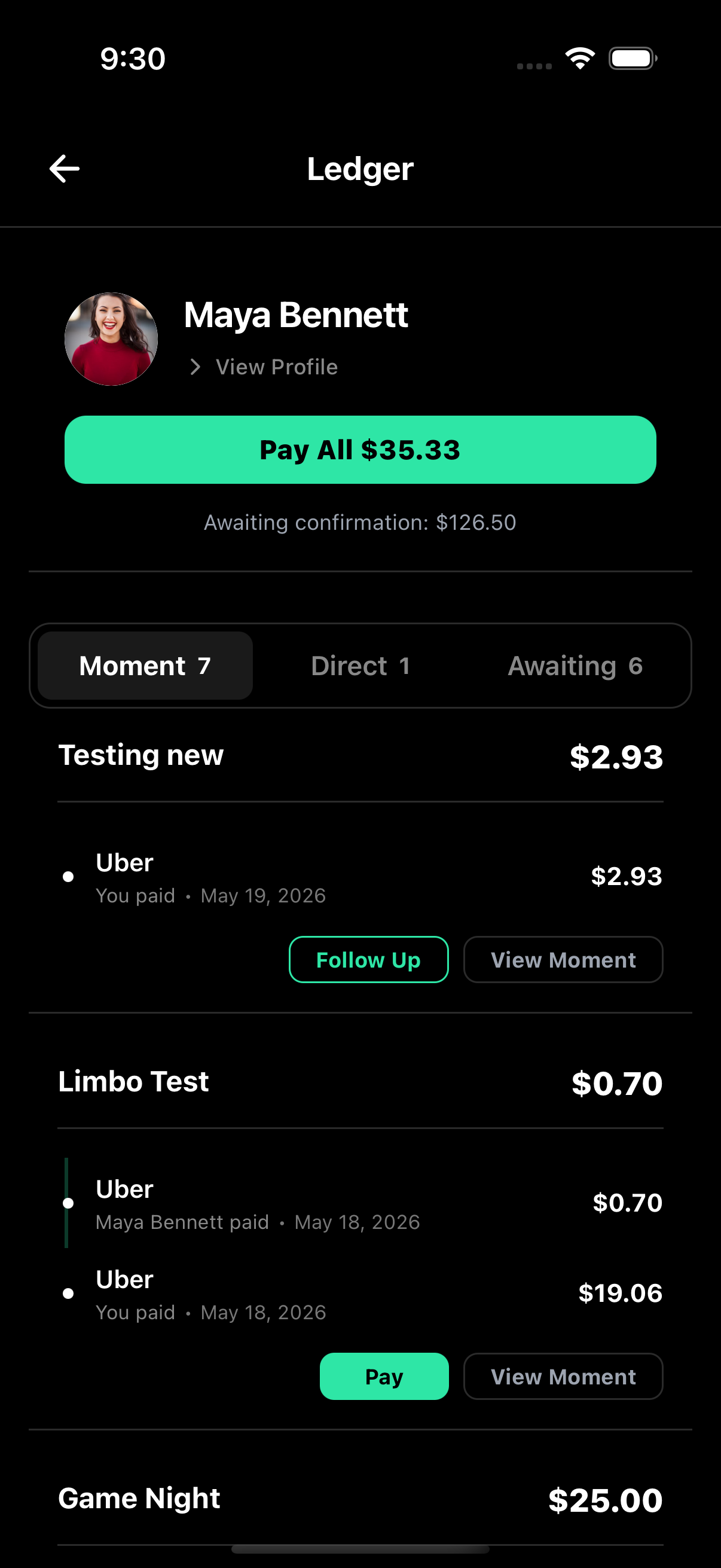 Per-friend ledger — every shared moment, with the running net balance