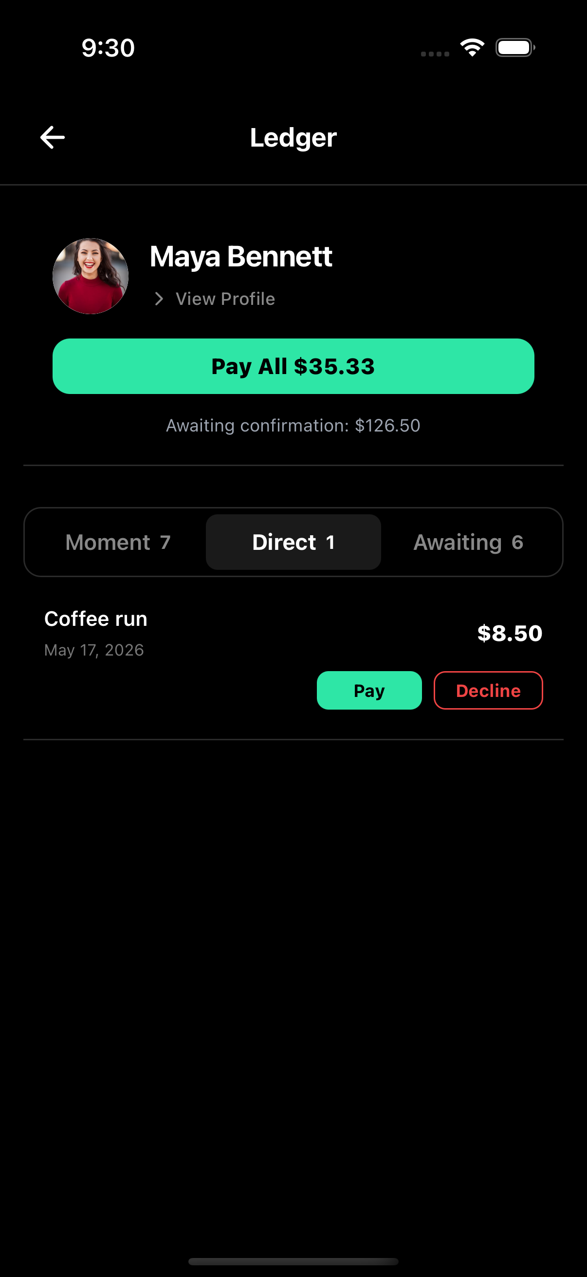 Ledger direct tab — every direct payment with that friend