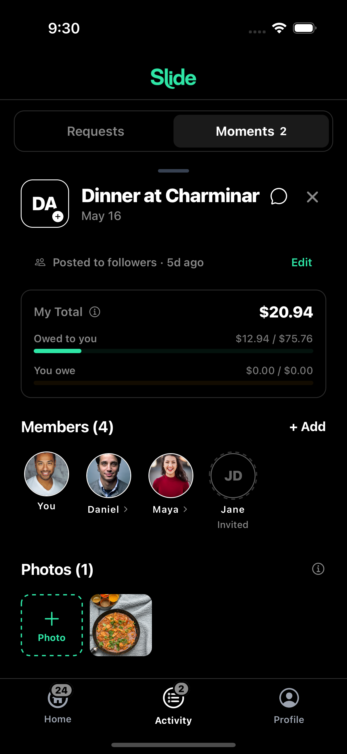 Inside a moment — members, photos, and shared transactions