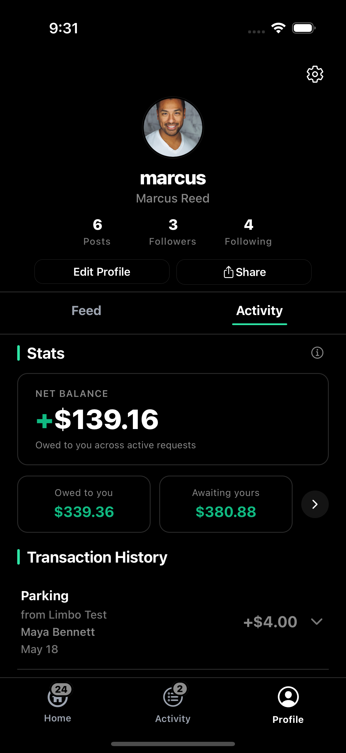 Profile activity — net stats across every moment and friend
