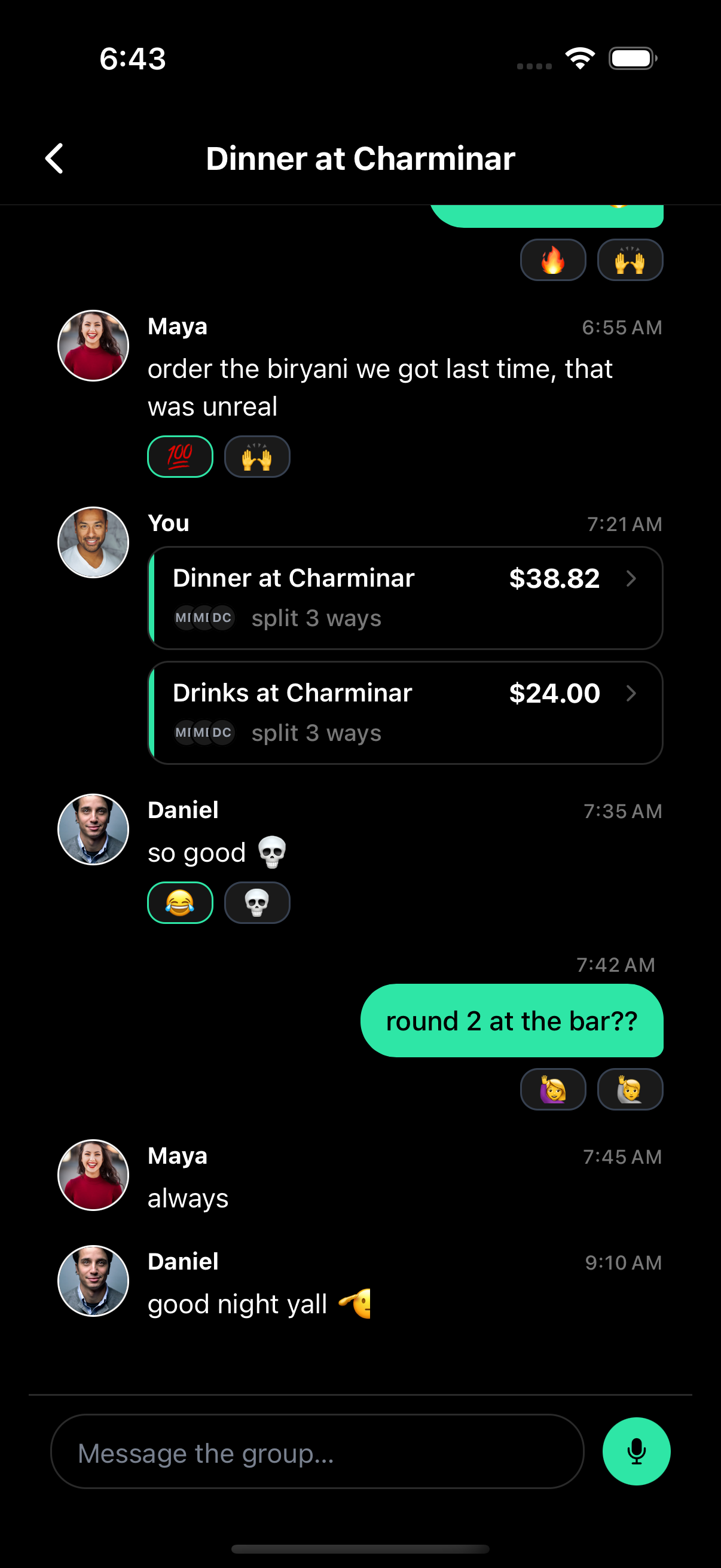 Moment group chat — bills drop right into the conversation
