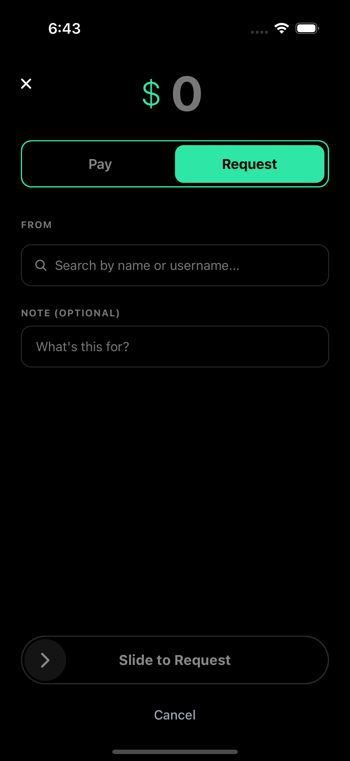 Send it — Pay or Request screen with slide-to-confirm