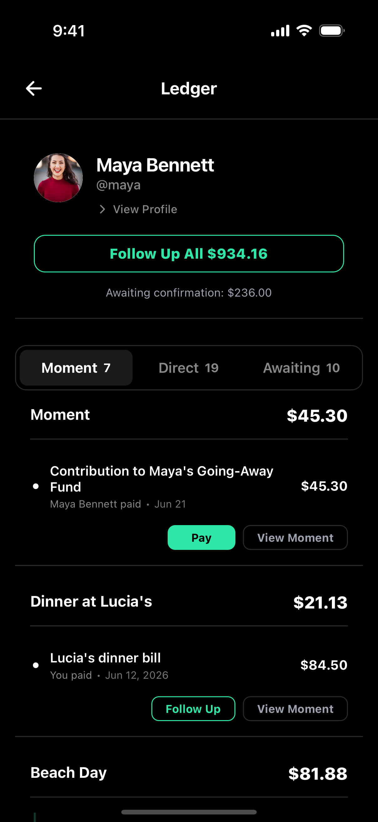 Per-friend ledger: every shared moment, with the running net balance