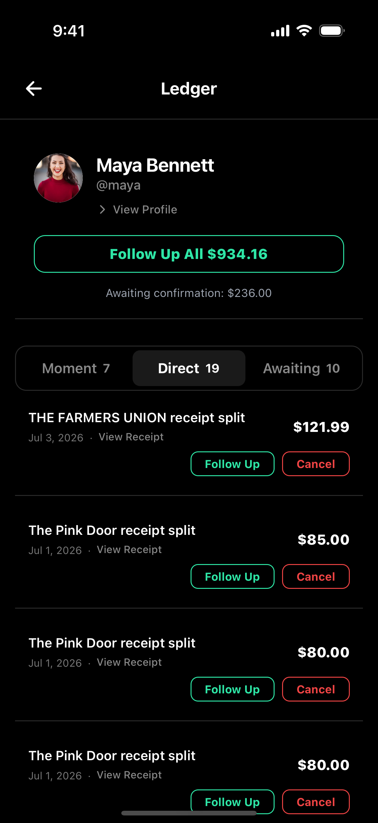 Ledger direct tab: every direct payment with that friend