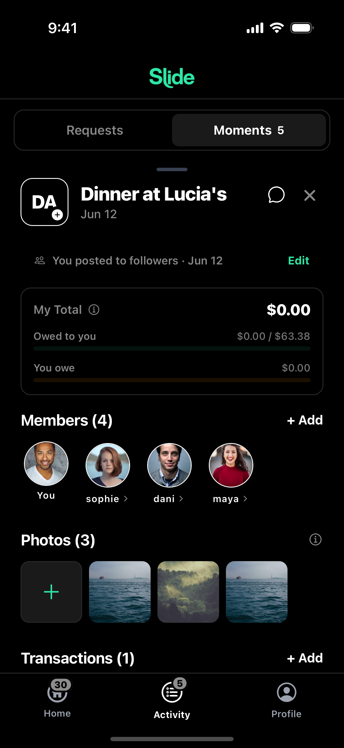 Inside a moment: members, photos, and shared transactions