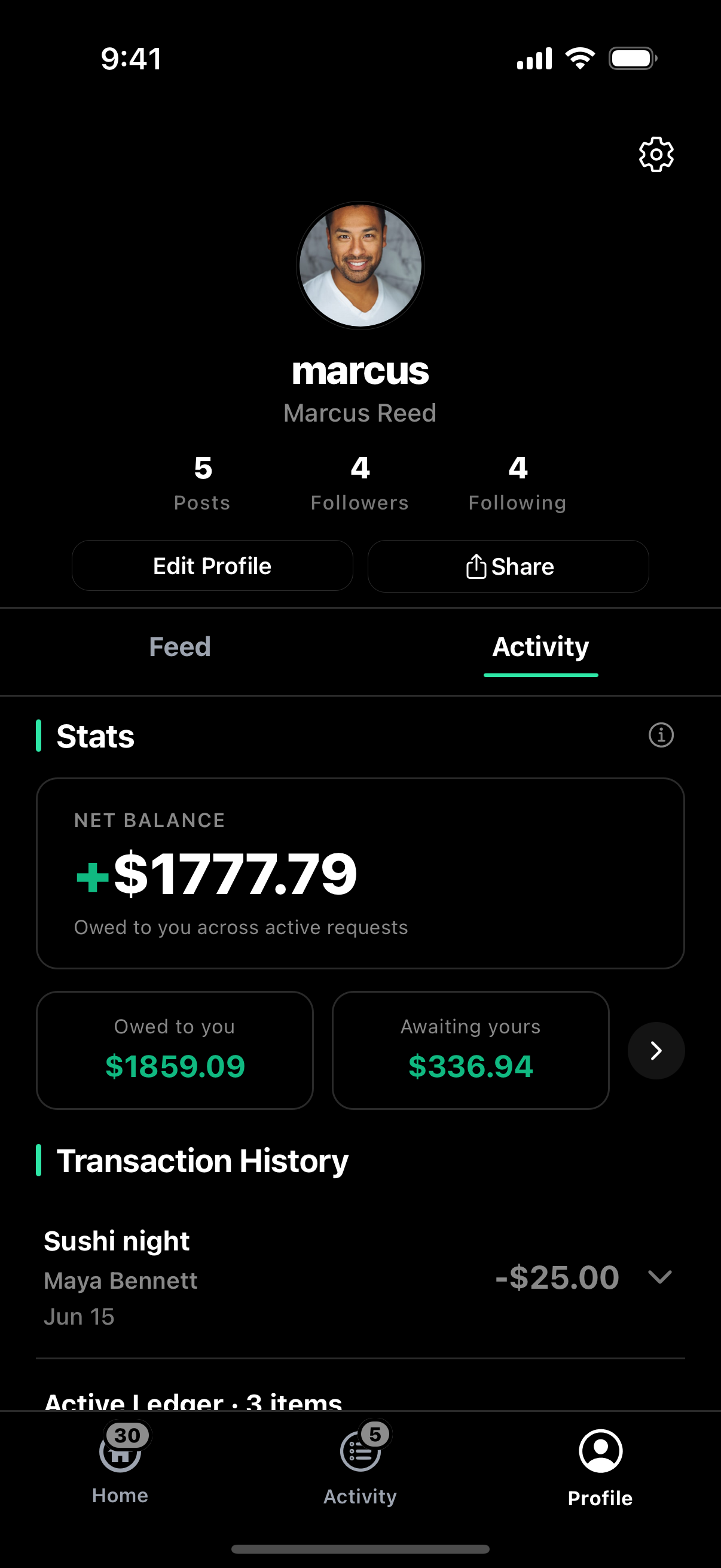 Profile activity: net stats across every moment and friend