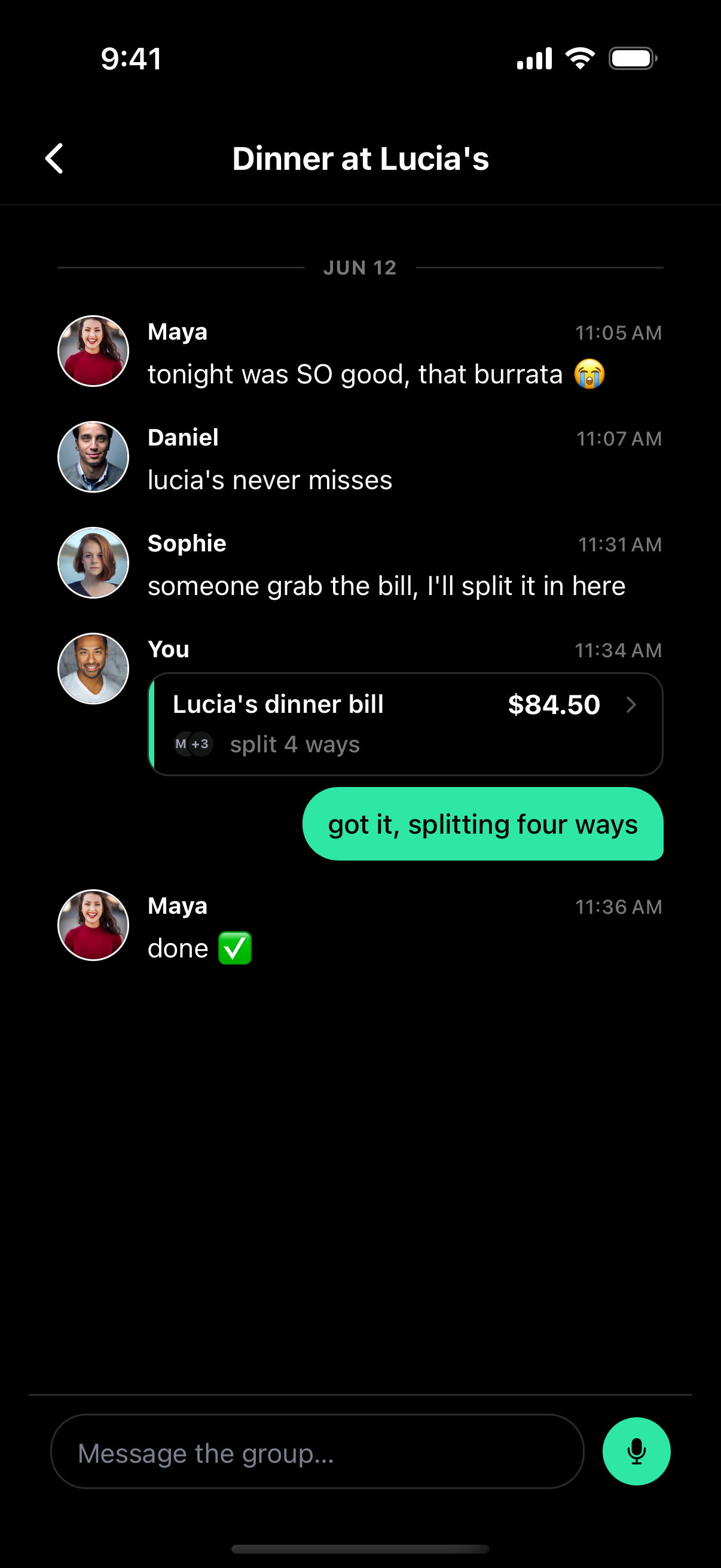 Moment group chat: bills drop right into the conversation
