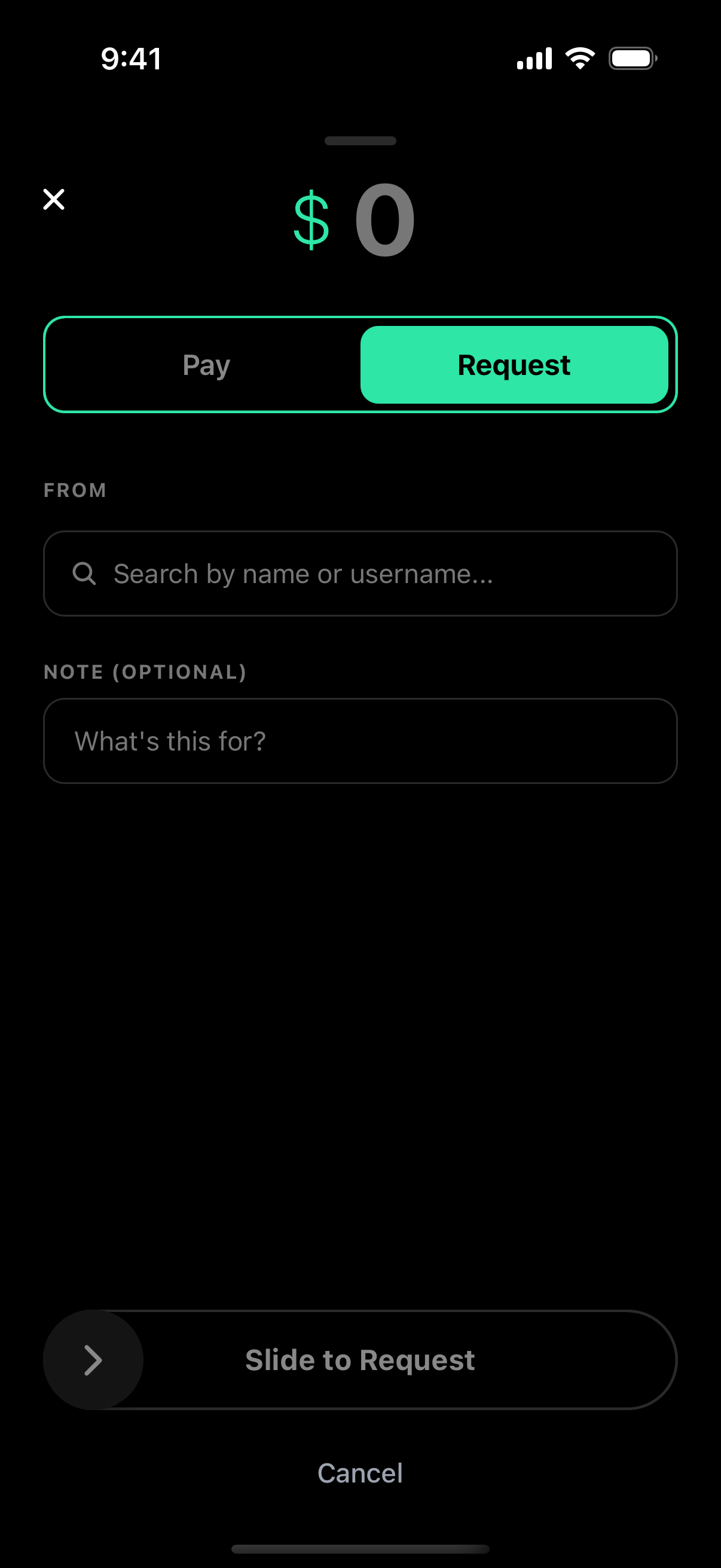 Send it: Pay or Request screen with slide-to-confirm